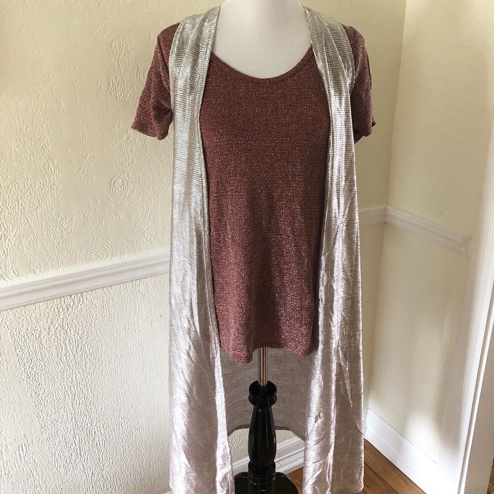 LuLaRoe Outfit Elegant Joy & Classic Tee XS Small Red Silver Sparkle Long Vest